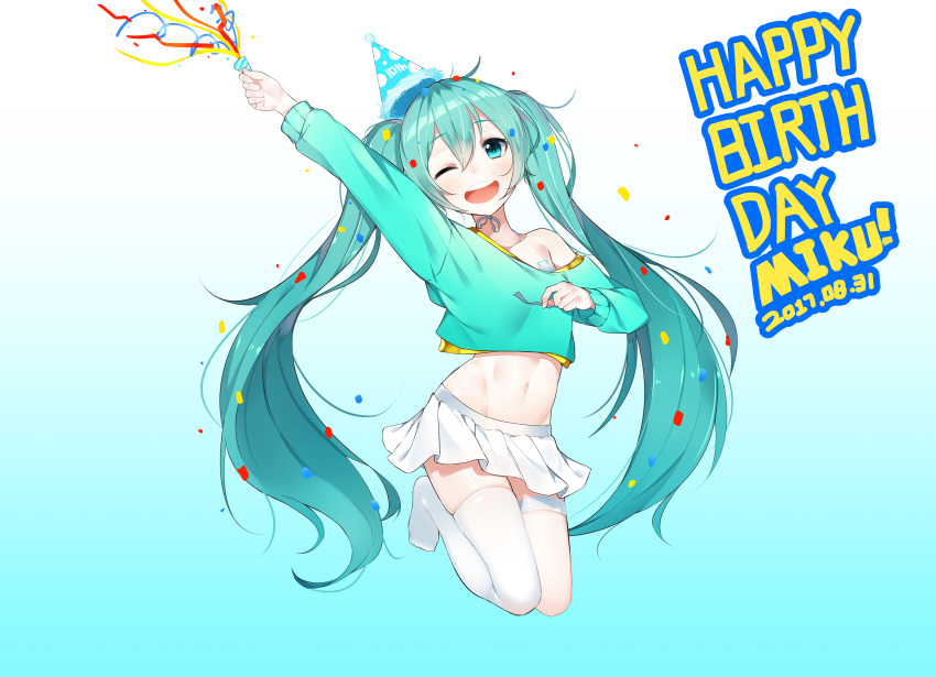 1girl absurdres aqua_background aqua_eyes aqua_hair aqua_sweater bangs character_name confetti dated eyebrows_visible_through_hair gradient gradient_background hair_between_eyes happy_birthday hat hatsune_miku highres hips long_hair looking_at_viewer midriff mismatched_legwear navel off-shoulder_sweater off_shoulder one_eye_closed open_mouth party_hat party_popper pleated_skirt see-through skirt smile solo sweater tareme the_cold thigh-highs thighs twintails very_long_hair vocaloid white_legwear white_skirt