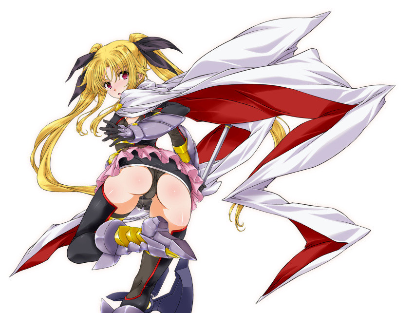 arched_back ass bardiche belt black_legwear blonde_hair blush boots cape commentary_request elbow_gloves fate_testarossa from_behind gauntlets gloves hair_ribbon highres leotard long_hair looking_at_viewer looking_back lyrical_nanoha magical_girl mahou_shoujo_lyrical_nanoha red_eyes ribbon shiny shiny_hair shiny_skin simple_background skirt thigh-highs twintails very_long_hair white_background yashima_tetsuya