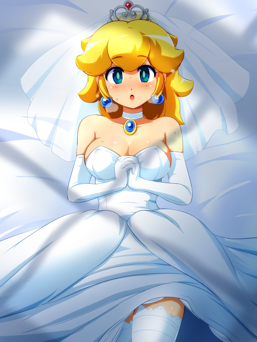1girl :o absurdres bare_shoulders bed_sheet blonde_hair blue_eyes blush breasts breath bridal_veil choker cleavage dress earrings elbow_gloves gloves hands_clasped highres jewelry konpeto long_hair lying super_mario_bros. medium_breasts on_back pendant princess_peach shiny shiny_hair solo super_mario_bros. sweat thigh-highs tiara veil wedding_dress white_gloves white_legwear