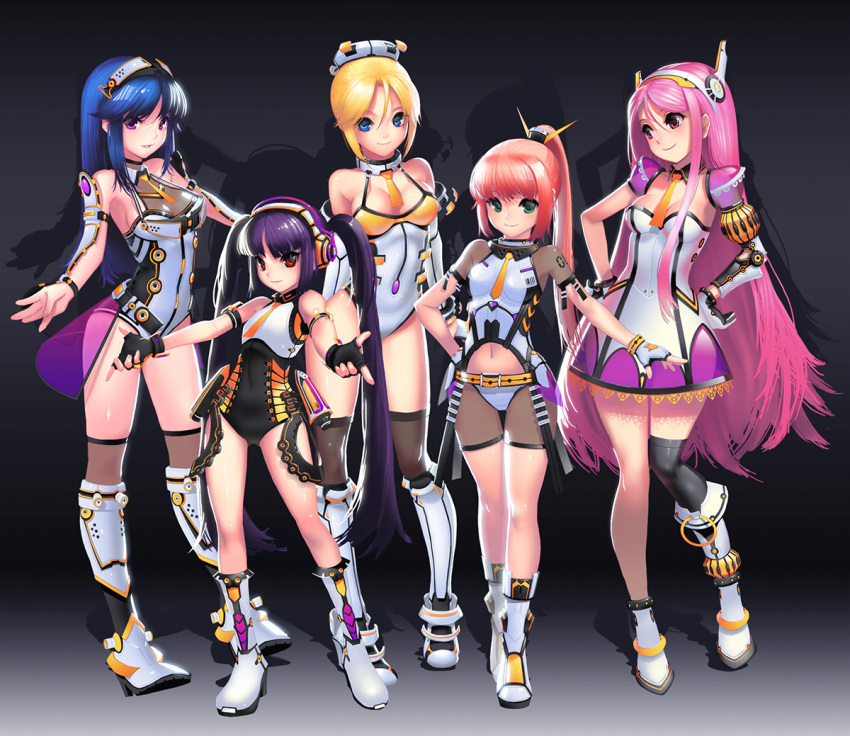 5girls ankle_boots arin belt black_background black_gloves black_hair black_legwear blonde_hair blue_eyes blue_hair blush boots breasts cecilia_(pangya) closed_mouth detached_collar fingerless_gloves flat_chest full_body gloves green_eyes hair_between_eyes hana_(pangya) hand_on_hip head_tilt headphones high_ponytail kamdia knee_boots kooh large_breasts leotard long_hair looking_at_another looking_at_viewer lucia_(pangya) medium_breasts mismatched_legwear multiple_girls navel necktie number orange_hair outstretched_arm outstretched_arms pangya parted_lips pink_eyes pink_hair red_eyes short_hair short_sleeves silhouette small_breasts smile standing thigh-highs twintails very_long_hair violet_eyes white_boots