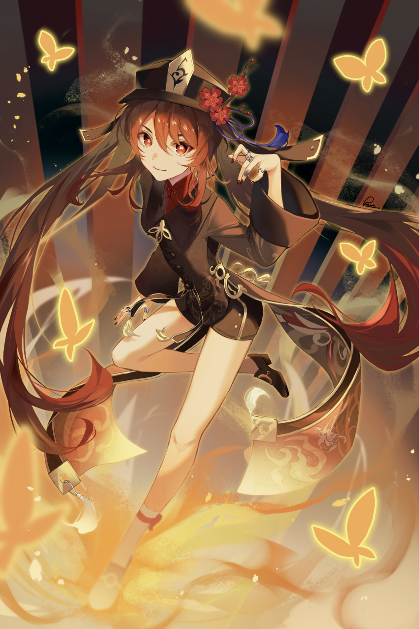 1girl absurdres bare_legs black_nails black_shorts brown_hair bug butterfly chinese_clothes coat coattails fire flower flower-shaped_pupils full_body genshin_impact hair_between_eyes hat hat_flower hat_ornament highres hu_tao_(genshin_impact) kawausoman legs long_sleeves looking_at_viewer plum_blossoms porkpie_hat red_eyes red_shirt shirt shorts smile solo symbol-shaped_pupils tailcoat top_hat twintails