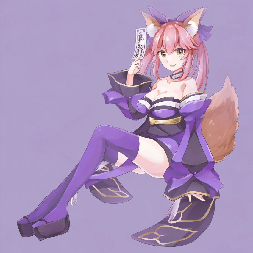 1girl :3 animal_ears blue_legwear breasts cleavage collarbone detached_sleeves fate/extra fate/grand_order fate_(series) fox_ears fox_tail hair_ribbon hare_(mozaikuroru-gumi) highres japanese_clothes large_breasts lavender_background long_hair looking_at_viewer open_mouth pink_hair ribbon simple_background solo tail tamamo_(fate)_(all) tamamo_no_mae_(fate) yellow_eyes
