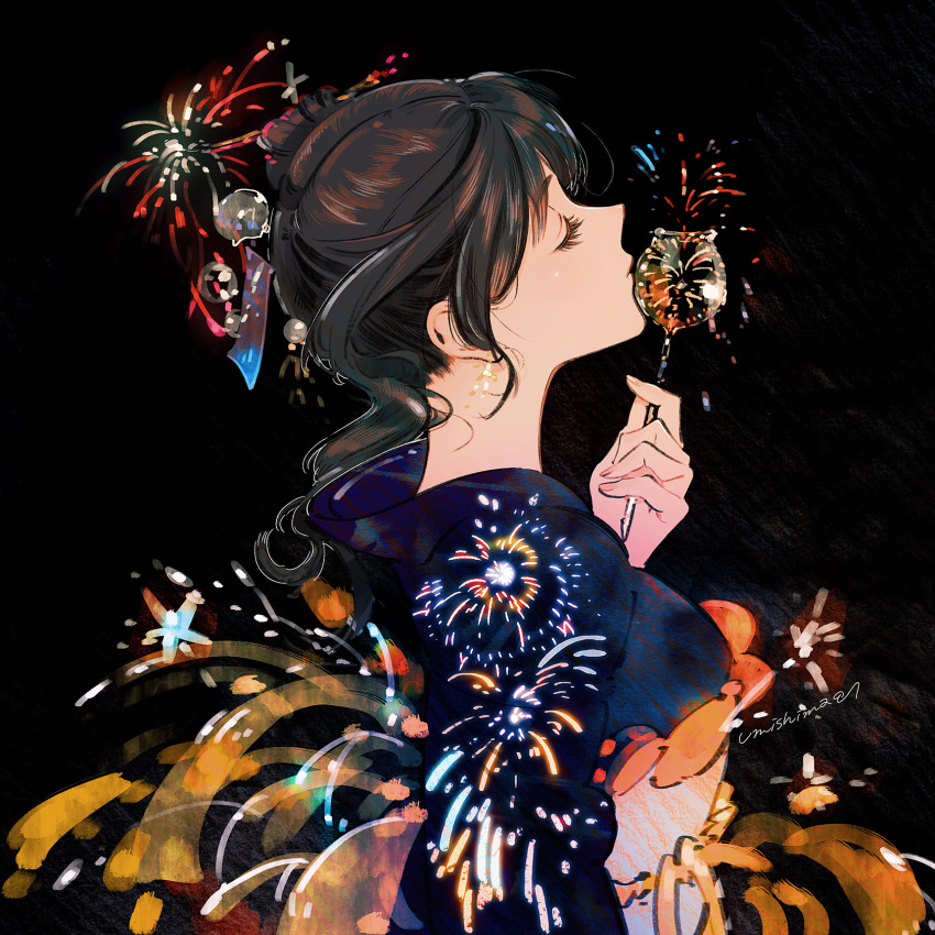 1girl black_background black_hair blue_kimono closed_eyes closed_mouth facing_away fireworks from_side highres holding japanese_clothes kimono obi profile sash signature simple_background solo umishima_senbon