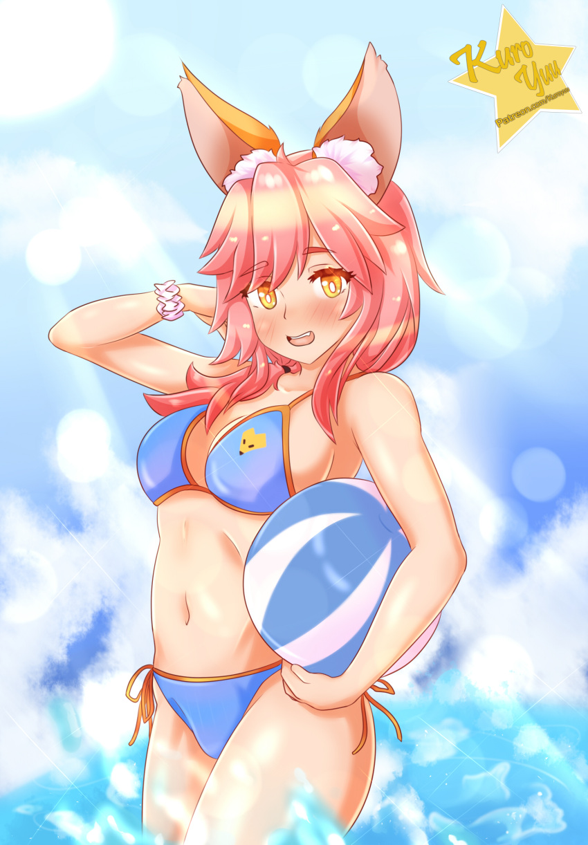 1girl animal_ears balloon bikini blue_bikini blush breasts cleavage day fate/grand_order fate_(series) fox_ears fox_tail groin highres kuroyuu large_breasts long_hair looking_at_viewer nature navel open_mouth outdoors pink_hair solo swimsuit tail tamamo_(fate)_(all) tamamo_no_mae_(swimsuit_lancer)_(fate) yellow_eyes