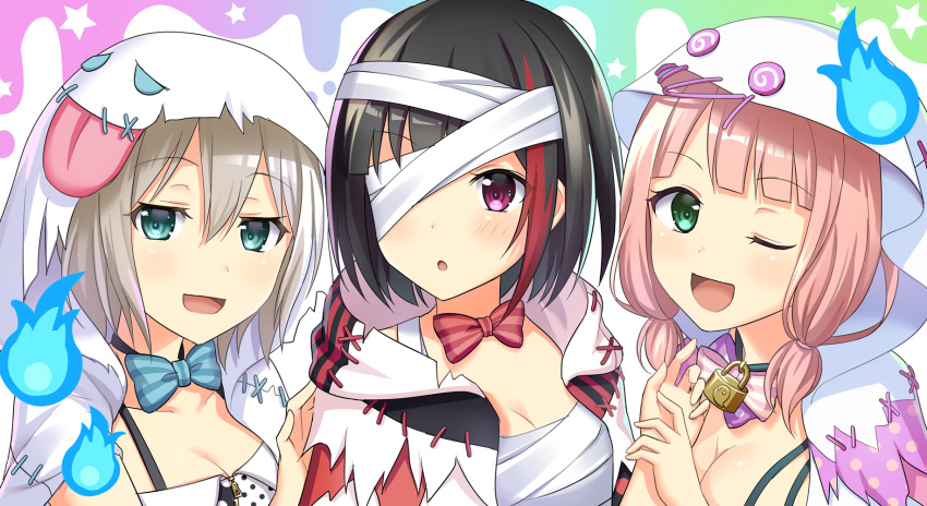 3girls aoba_moka bandaged_eyes bang_dream! black_hair blue_eyes blush bow bowtie breasts brown_hair cleavage collarbone cosplay eyebrows_visible_through_hair ghost_costume girl_sandwich green_bow green_bowtie green_eyes highlights highres large_breasts looking_at_another looking_at_viewer low_twintails mitake_ran multicolored_hair multiple_girls mummy mummy_(cosplay) one_eye_closed open_mouth padlocked_collar parted_lips pink_bow pink_bowtie pink_eyes pink_hair red_bow red_bowtie redhead revision sandwiched short_hair smile twintails two-tone_hair uehara_himari yuusa