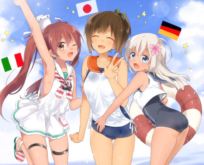 3girls ass blonde_hair blue_eyes blue_swimsuit breasts brown_eyes brown_hair dress flag flat_chest flower german_flag germany hair_flower hair_ornament hat highres i-401_(kantai_collection) italian_flag italy japan japanese_flag kantai_collection libeccio_(kantai_collection) lifebuoy long_hair medium_breasts multiple_girls one-piece_swimsuit revision ro-500_(kantai_collection) sailor_dress sino_(sionori) small_breasts swimsuit tan twintails v
