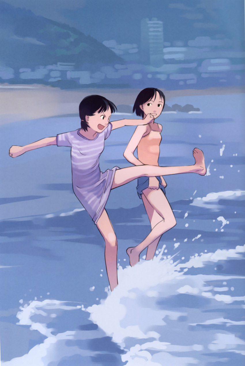 2girls absurdres barefoot beach black_eyes black_hair feet flat_chest happy highres kicking multiple_girls ocean short_hair takamichi water