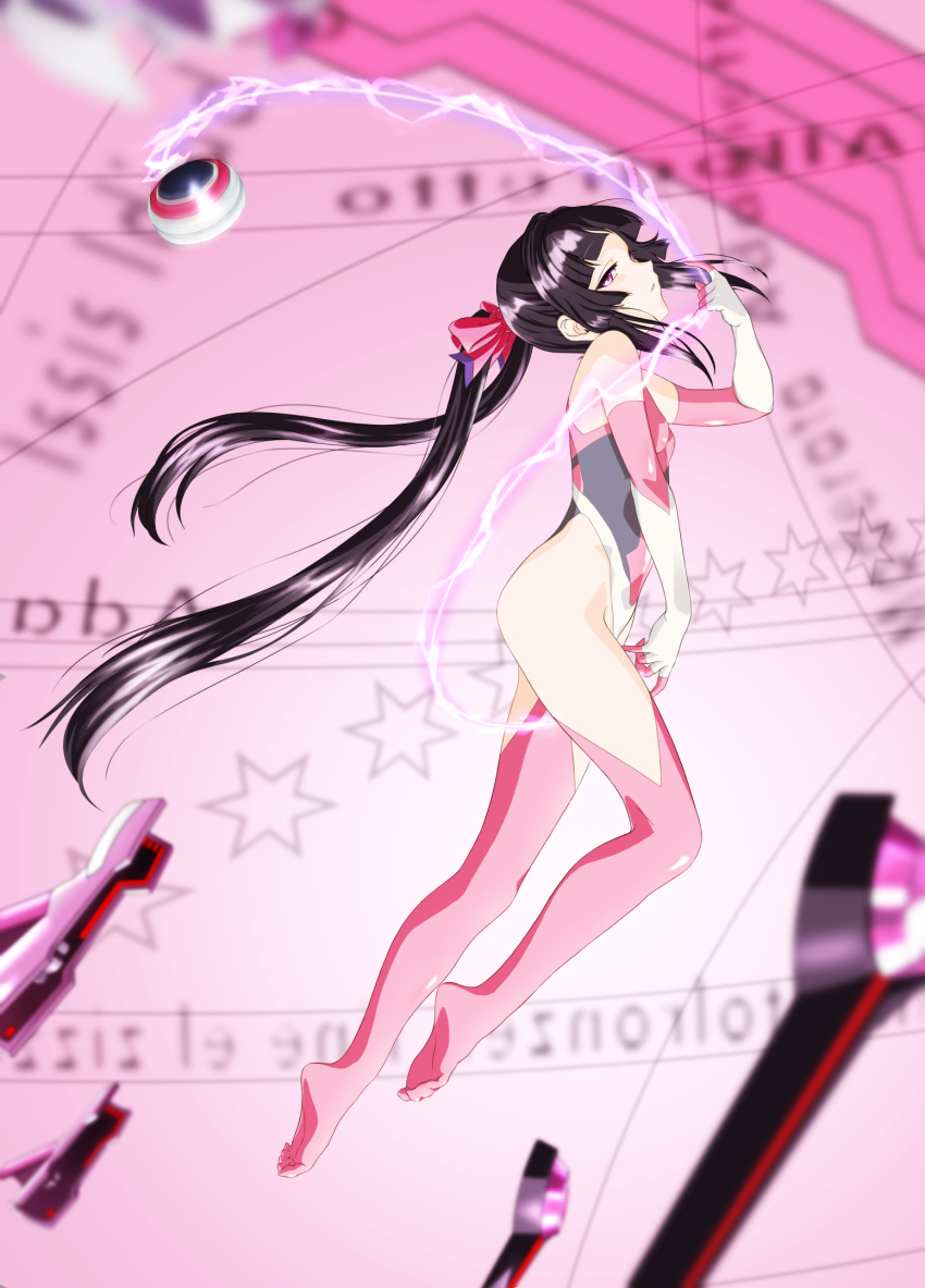 1girl black_hair blurry blush bow breasts commentary_request depth_of_field elbow_gloves erufa_(pixiv) full_body gloves hair_bow highleg highleg_leotard highres leotard long_hair looking_at_viewer parted_lips pink_eyes pink_legwear pink_leotard profile revision senki_zesshou_symphogear shiny shiny_clothes shiny_hair small_breasts thigh-highs tsukuyomi_shirabe twintails very_long_hair yo-yo
