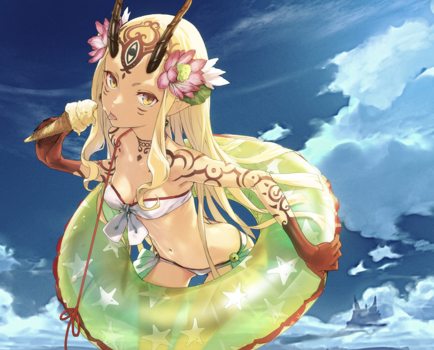 1girl :p ass_visible_through_thighs bandeau bare_shoulders bikini blonde_hair blue_sky breasts butt_crack cleavage clouds cloudy_sky commentary_request cowboy_shot day earrings facial_mark fate/grand_order fate_(series) flower food from_above front-tie_bikini front-tie_top hair_flower hair_ornament highres horns ibaraki_douji_(fate/grand_order) ice_cream ice_cream_cone innertube jewelry leaning_forward long_hair looking_at_viewer looking_up navel redjuice revision side-tie_bikini sidelocks sky small_breasts solo swimsuit tattoo tongue tongue_out very_long_hair yellow_eyes