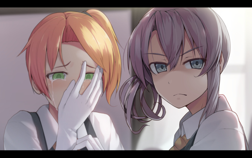 2girls angry blonde_hair blurry closed_mouth commentary_request covering_face crying crying_with_eyes_open curtains depth_of_field gloves green_eyes grey_eyes grey_eyes hair_between_eyes hinami_(hinatamizu) kantai_collection letterboxed looking_at_viewer maikaze_(kantai_collection) multiple_girls nowaki_(kantai_collection) revision shaded_face shirt short_hair side_ponytail silver_hair suspenders tears upper_body white_gloves white_shirt window wing_collar
