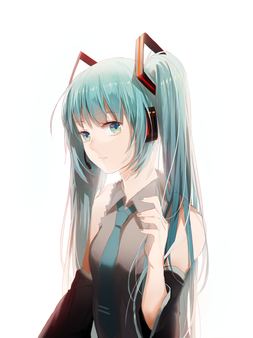 1girl aiko_(kanl) blue_hair blue_necktie detached_sleeves eyebrows_visible_through_hair green_eyes grey_nails grey_shirt hair_ornament hatsune_miku headphones highres long_hair looking_at_viewer microphone nail_polish necktie shirt simple_background sleeveless sleeveless_shirt solo twintails upper_body very_long_hair vocaloid white_background