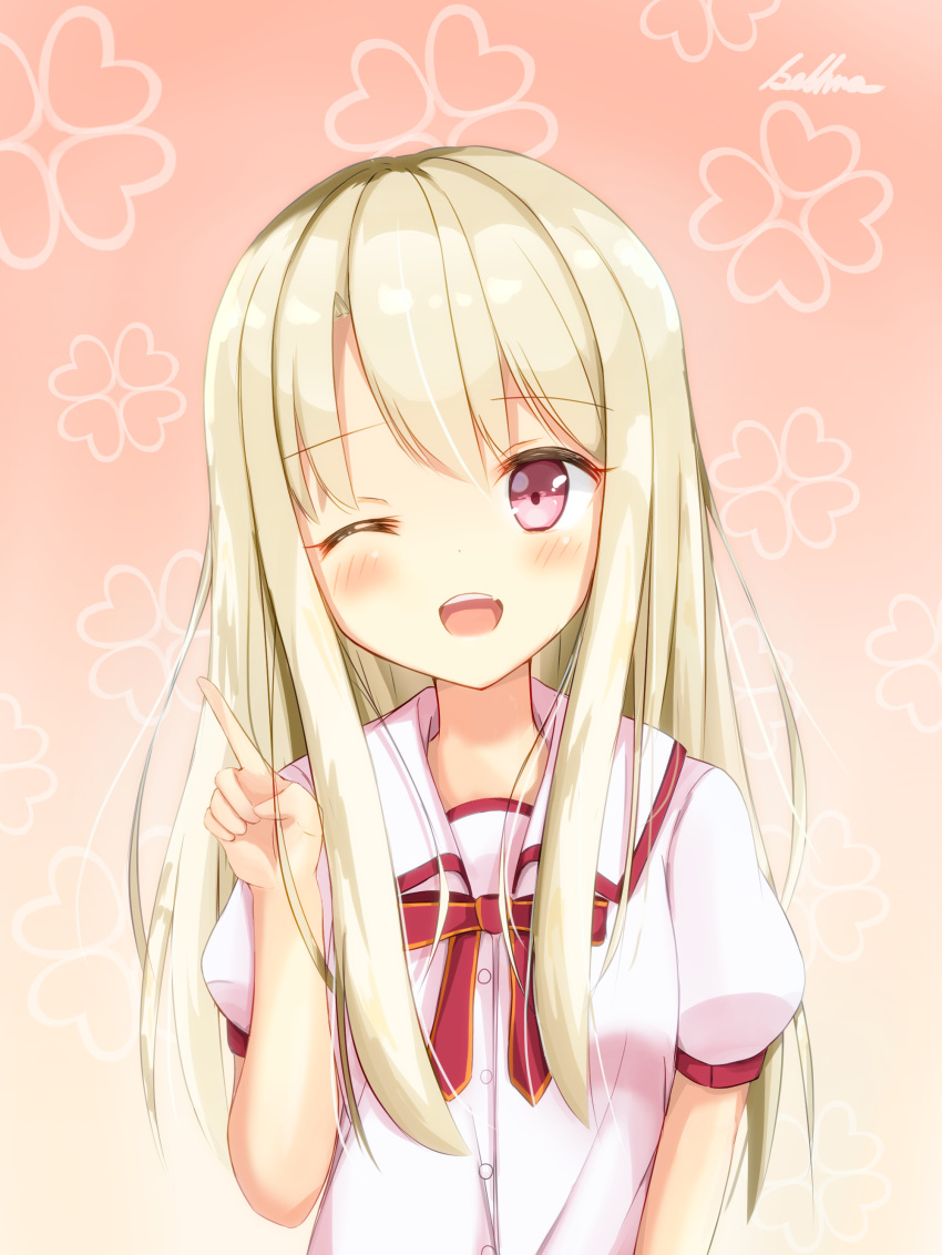 1girl absurdres blonde_hair eyebrows_visible_through_hair fate/kaleid_liner_prisma_illya fate_(series) highres illyasviel_von_einzbern long_hair one_eye_closed open_mouth pink_eyes pointing pointing_up sashima smile solo