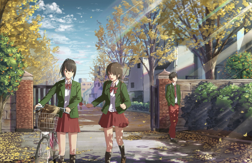 2boys 4girls autumn autumn_leaves backpack bag belt bicycle bicycle_basket black_hair black_legwear blazer bow bowtie brown_eyes brown_hair building day ground_vehicle hair_ornament hair_scrunchie hands_in_pockets highres jacket k_ryo kneehighs looking_at_another looking_away looking_up multiple_boys multiple_girls necktie open_mouth original pants ponytail red_skirt school_bag school_gate school_uniform scrunchie shadow shirt short_hair side_glance skirt smile striped striped_bow striped_bowtie striped_necktie tree walking white_shirt