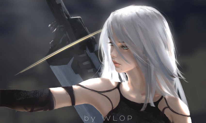 1girl bare_shoulders blue_eyes elbow_gloves gloves highres long_hair mole mole_under_mouth nier_(series) nier_automata revision solo sword weapon white_background wlop yorha_type_a_no._2