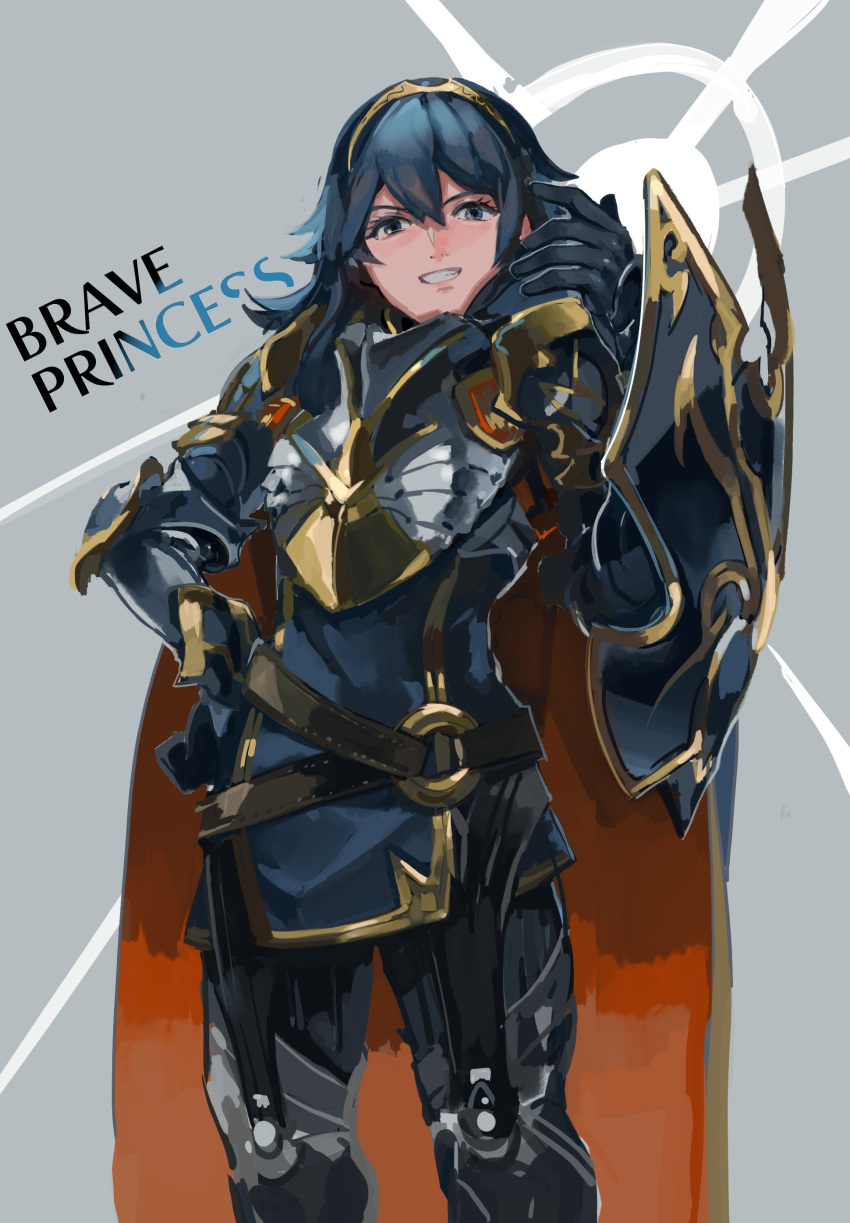 1girl absurdres armor blue_eyes blue_hair cape fire_emblem fire_emblem:_kakusei fire_emblem_heroes flat_chest gloves highres kohiu long_hair looking_at_viewer lucina shield smile solo tiara white_background