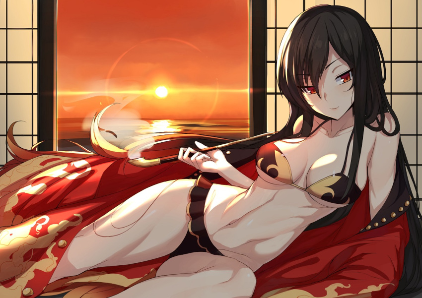 1girl black_hair breasts cleavage collarbone demon_archer fate/grand_order fate_(series) k_jin long_hair looking_at_viewer navel oda_nobunaga_(swimsuit_berserker)_(fate) pipe raised_eyebrows red_eyes robe solo sunset swimsuit thighs toned