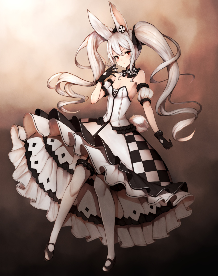 1girl animal_ears black_gloves breasts bunny_tail checkered cleavage detached_collar dress drill_hair garter_straps gloves hair_between_eyes hair_ornament hair_ribbon highres inaba_sunimi long_hair looking_at_viewer open_mouth original rabbit_ears red_eyes revision ribbon silver_hair simple_background small_breasts solo tail thigh-highs twin_drills twintails white_legwear