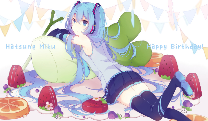 1girl bangs black_boots black_legwear black_skirt blue_eyes blue_hair boots character_name closed_mouth crossed_bangs detached_sleeves eyebrows_visible_through_hair food fruit grapes grey_shirt hair_between_eyes happy_birthday hatsune_miku highres kaneko_aaru leg_up long_hair looking_back lying miniskirt on_stomach orange orange_slice pennant pillow pleated_skirt shirt shoulder_tattoo sidelocks skirt sleeveless sleeveless_shirt solo spring_onion strawberry tattoo thigh-highs thigh_boots thighs very_long_hair vocaloid