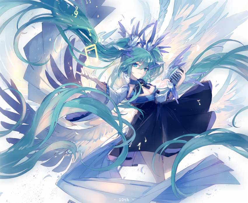1girl absurdly_long_hair aqua_hair bangs beamed_semiquavers black_dress blue_dress blue_eyes closed_mouth detached_sleeves dress feathered_wings floating_hair hair_between_eyes hair_ornament hands_up hatsune_miku holding holding_microphone long_hair looking_at_viewer lyodi microphone sidelocks smile solo treble_clef twintails very_long_hair vocaloid white_wings wide_sleeves wings