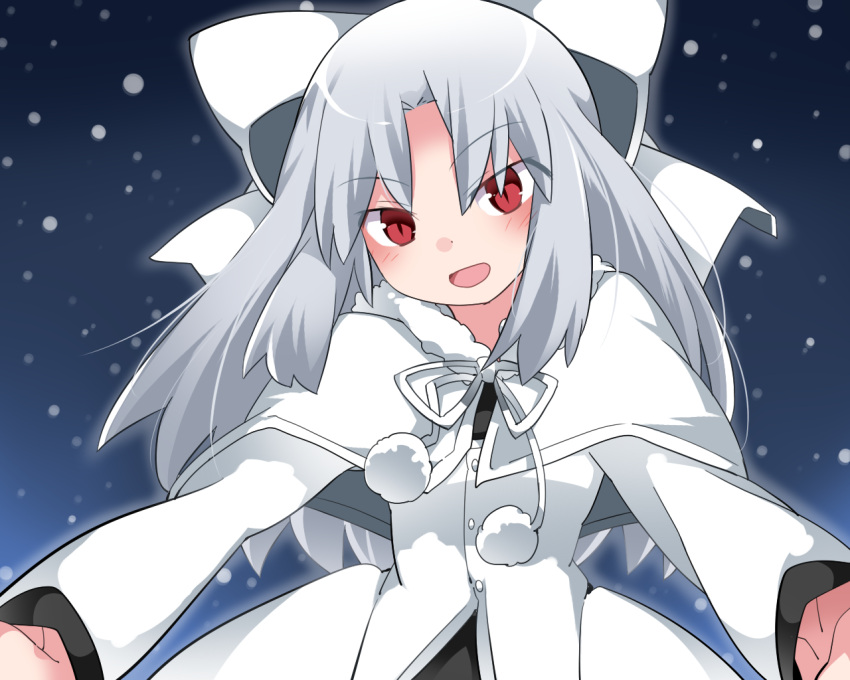 1girl bow capelet commentary_request hair_bow hammer_(sunset_beach) jacket long_hair looking_at_viewer melty_blood open_mouth outstretched_arms red_eyes ribbon slit_pupils smile snow solo tsukihime upper_body white_hair white_jacket white_len