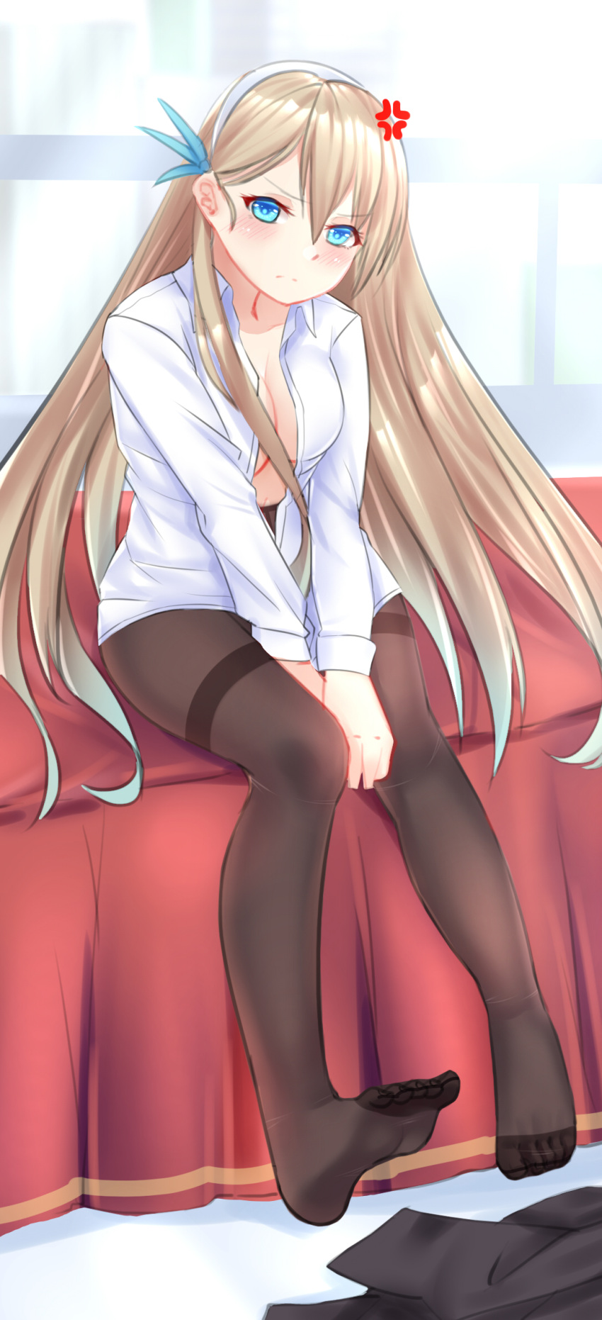 anger_vein barefoot black_legwear blonde_hair blue_eyes breasts cang_se_ye_hua hand_in_lap headband highres lexington_(cv-16)_(zhan_jian_shao_nyu) long_hair looking_at_viewer navel on_bed pantyhose sitting sitting_on_bed thighband_pantyhose unbuttoned unbuttoned_shirt zhan_jian_shao_nyu