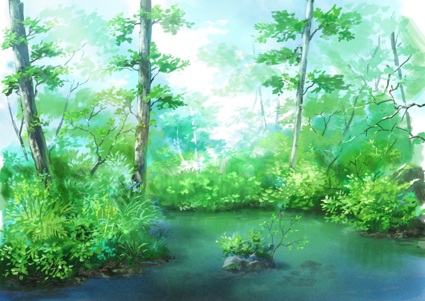 absurdres commentary dappled_sunlight day forest grass highres hirota_(masasiv3) nature no_humans original outdoors plant river scenery sunlight tree water