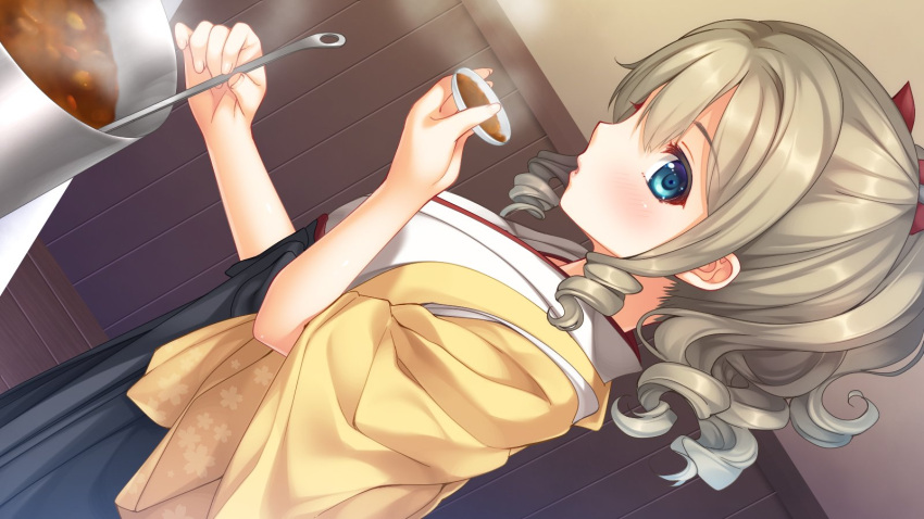 1girl blonde_hair blue_eyes blue_skirt blush bow cooking drill_hair dutch_angle food hair_bow hatakaze_(kantai_collection) highres holding holding_plate imachireki indoors japanese_clothes kantai_collection kimono ladle lips looking_at_viewer looking_to_the_side parted_lips plate ponytail pot skirt solo steam wide_sleeves yellow_kimono