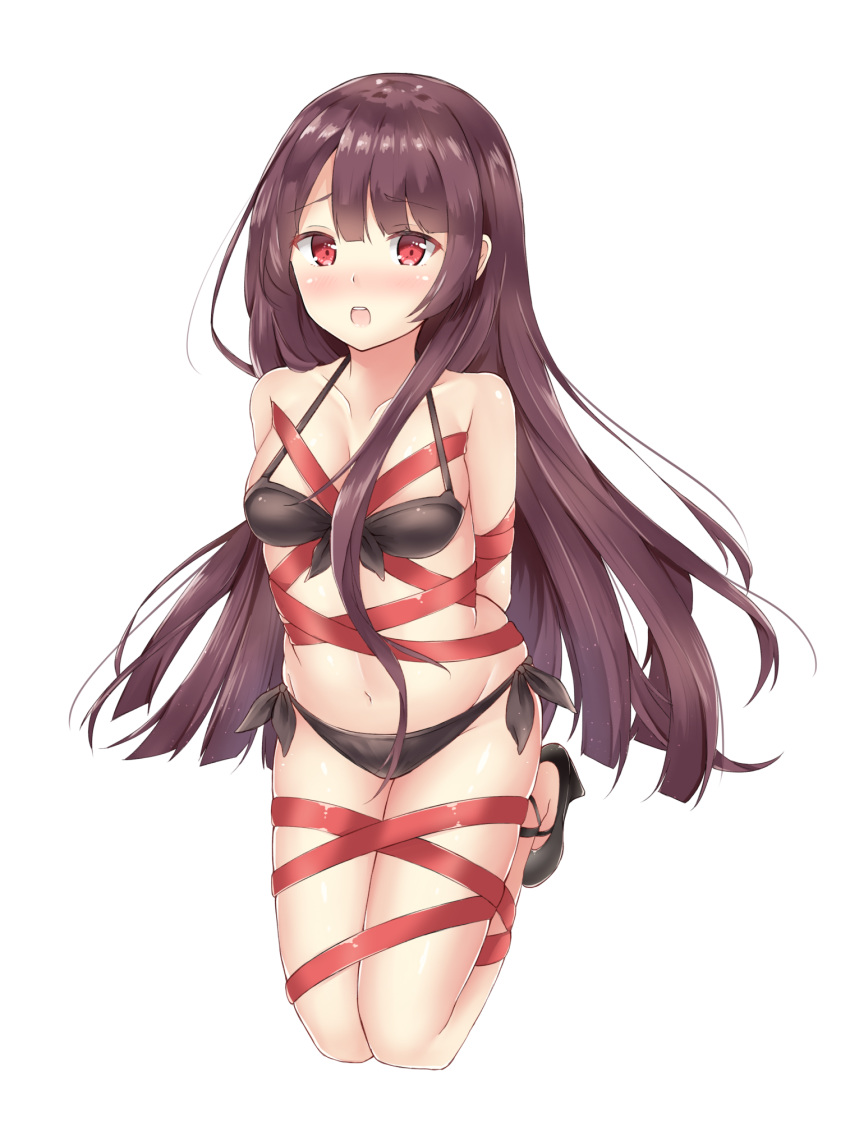 1girl bikini black_bikini black_hair blush bound full_body girls_frontline highres kneeling long_hair open_mouth red_eyes red_ribbon ribbon seventeen_(st17215) simple_background solo swimsuit tied_up wa2000_(girls_frontline) white_background