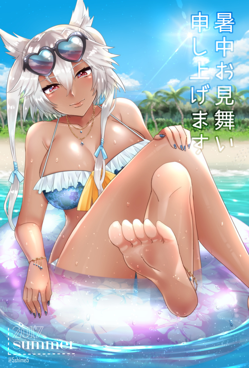 1girl 2017 anklet barefoot beach bikini blue_nails bracelet breasts cleavage dark_skin hair_flaps hair_ribbon heart-shaped_sunglasses highres innertube jewelry kantai_collection large_breasts legs_crossed lens_flare long_hair looking_at_viewer musashi_(kantai_collection) nail_polish necklace ocean palm_tree red_eyes ribbon shime silver_hair solo summer sun sunglasses sunglasses_on_head swimsuit tree twintails water