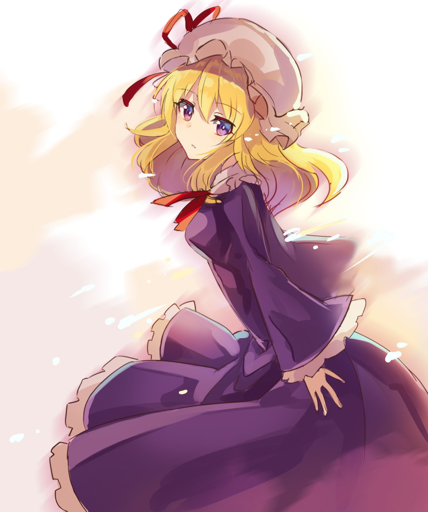 1girl bangs blonde_hair dress eyebrows_visible_through_hair from_side hair_between_eyes hat hat_ribbon highres long_sleeves looking_at_viewer maribel_hearn mob_cap parted_lips purple_dress red_ribbon ribbon rin_falcon solo touhou violet_eyes white_hat