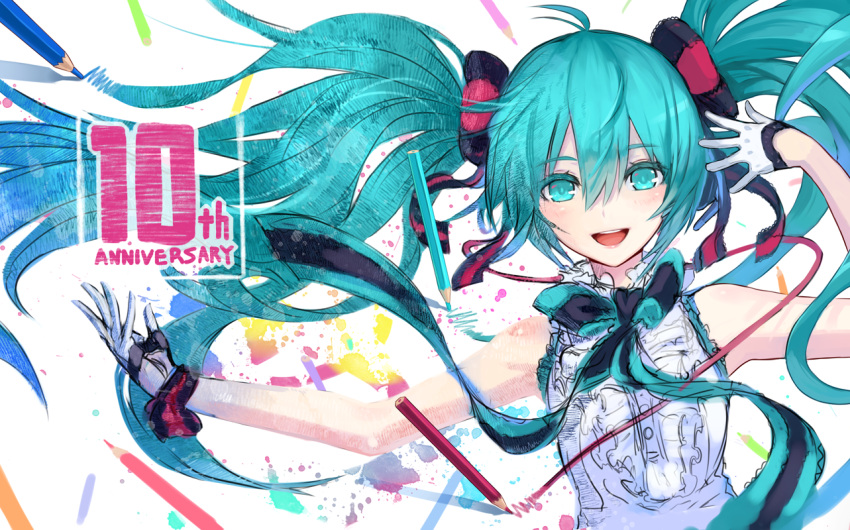 1girl 2d anniversary aqua_eyes aqua_hair bangs blouse blush bow colored_pencil eyebrows_visible_through_hair floating_hair gloves hair_between_eyes hair_bow half_gloves hatsune_miku long_hair looking_at_viewer pencil sleeveless_blouse smile solo striped striped_bow upper_body vocaloid white_blouse white_gloves