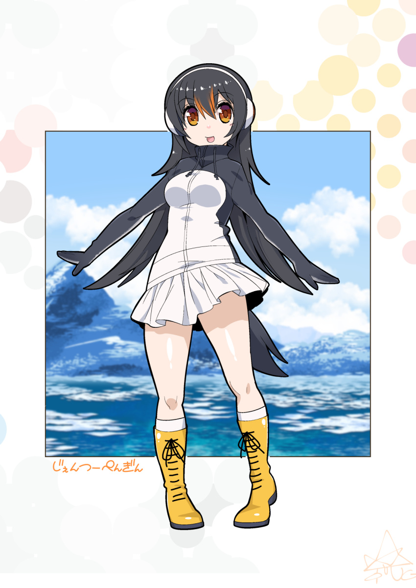 black_hair blush boots breasts brown_eyes commentary_request gentoo_penguin_(kemono_friends) headphones highres jacket kemono_friends long_hair multicolored_hair penguin_tail penguins_performance_project_(kemono_friends) umigarasu_(kitsune1963)