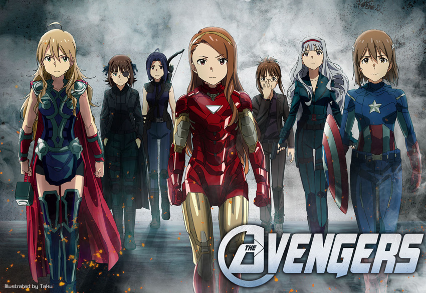 6+girls adjusting_glasses ahoge akizuki_ritsuko amami_haruka armor armored_boots avengers black_bodysuit black_hair black_pants black_shirt blue_bodysuit bodysuit boots bow_(weapon) brown_eyes brown_hair captain_america captain_america_(cosplay) collarbone cosplay cosplay_request eyepatch formal glasses hagiwara_yukiho hair_between_eyes hairband hands_in_pockets holding_hammer holding_shield hoshii_miki idolmaster iron_man iron_man_(cosplay) looking_at_viewer minase_iori miura_azusa multiple_girls pant_suit pants red_hairband shield shijou_takane shirt short_hair short_hair_with_long_locks sidelocks silver_hair sleeveless star star_print suit taku1122 weapon yellow_hairband