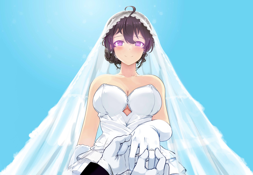 absurdres ahoge bare_shoulders beifeng_han black_hair blue_background blush breasts cleavage dress hair_between_eyes highres jewelry large_breasts looking_at_viewer miyaura_sanshio original outstretched_arm pov pov_hands ring smile strapless strapless_dress veil violet_eyes wedding_dress wedding_ring