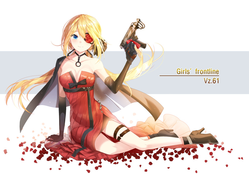 1girl arm_support bangs bare_shoulders black_cape black_gloves black_ribbon black_shoes blonde_hair blue_eyes breasts cape character_name cleavage closed_mouth collarbone copyright_name dress elbow_gloves eyebrows_visible_through_hair eyepatch floating_hair flower full_body girls_frontline gloves gun hair_ribbon hand_up head_tilt high_heels highres holding holding_gun holding_weapon lepoule light_particles long_dress long_hair looking_at_viewer low_twintails medium_breasts petals red_dress red_ribbon red_rose ribbon rose rose_petals shiny shiny_hair shoes side_slit simple_background sitting skorpion_vz._61 smile solo strapless strapless_dress submachine_gun thigh_strap twintails vz.61_(girls_frontline) weapon white_background