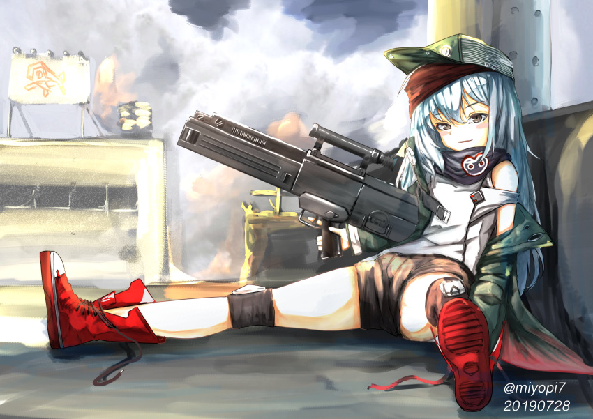 1girl absurdres assault_rifle blush_stickers brown_eyes city commentary_request dated full_body g11_(girls'_frontline) girls_frontline green_headwear green_jacket grey_hair gun h&amp;k_g11 hair_between_eyes hat highres holding holding_gun holding_weapon jacket knee_pads long_hair miyopiwi parted_lips red_footwear rifle scarf_on_head shirt sitting solo twitter_username weapon white_shirt