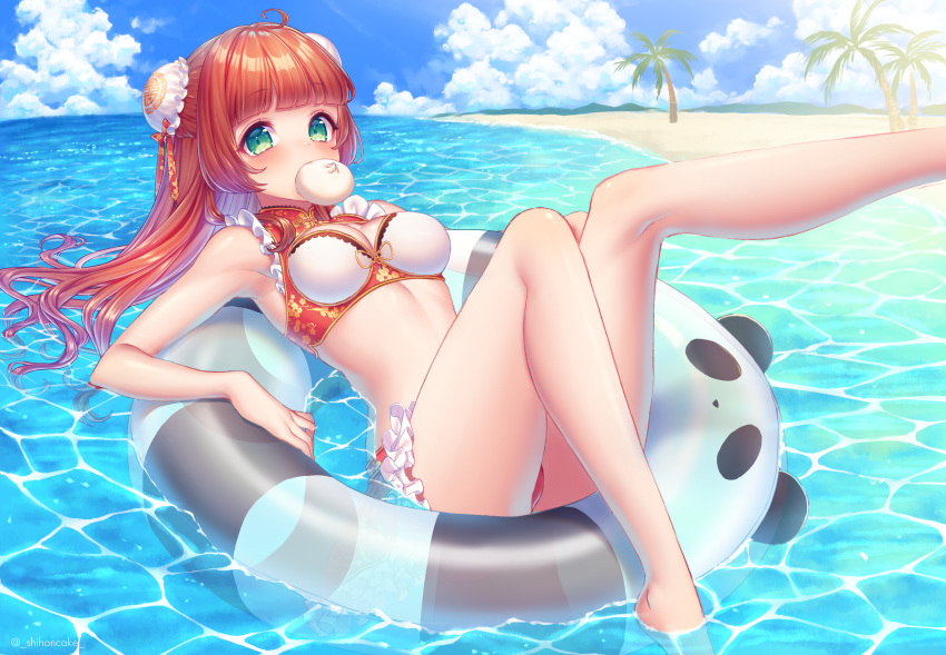 1girl ahoge aqua_eyes armpits ass bangs baozi barefoot beach bikini blue_sky blunt_bangs breasts brown_hair bun_cover cleavage cleavage_cutout clouds cloudy_sky day double_bun eating eyebrows_visible_through_hair food food_in_mouth frilled_bikini frills highres horizon innertube knee_up leg_up long_hair looking_at_viewer medium_breasts mouth_hold ocean original palm_tree partially_submerged sakura_shiho_(shihoncake) sky solo summer swimsuit tree twitter_username water