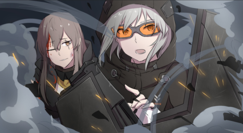 2girls blood blood_on_face brown_eyes brown_hair chinese commentary_request facial_scar girls_frontline grey_hair hair_between_eyes hair_down hood hooded_jacket jacket ksg_(girls_frontline) long_hair multiple_girls one_eye_closed open_mouth parted_lips protecting scar scar_across_eye shield shooting_glasses smile smoke sparks ump45_(girls_frontline) xiu_jiayihuizi