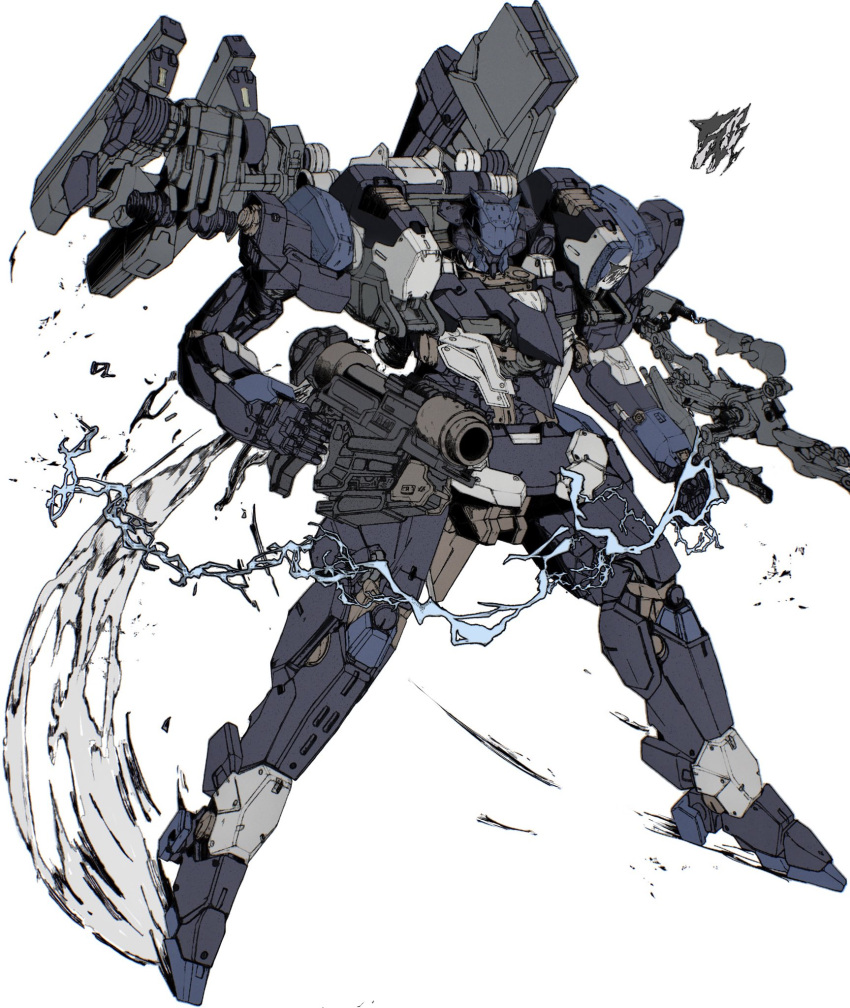 armored_core armored_core_6 electricity full_body gun handgun highres holding holding_gun holding_weapon mecha mecha_focus mechanical_parts mznomono no_humans robot science_fiction shoulder_cannon standing steel_haze_ortus thrusters weapon white_background