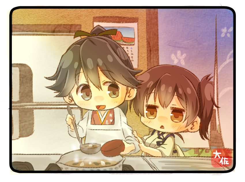 2girls :d artist_name black_eyes black_hair bow bowl brown_eyes brown_hair hair_between_eyes highres holding holding_bowl houshou_(kantai_collection) japanese_clothes kaga_(kantai_collection) kantai_collection kimono ladle long_hair multiple_girls open_mouth pink_kimono ponytail short_hair side_ponytail smile taisa_(kari) tasuki triangle_mouth