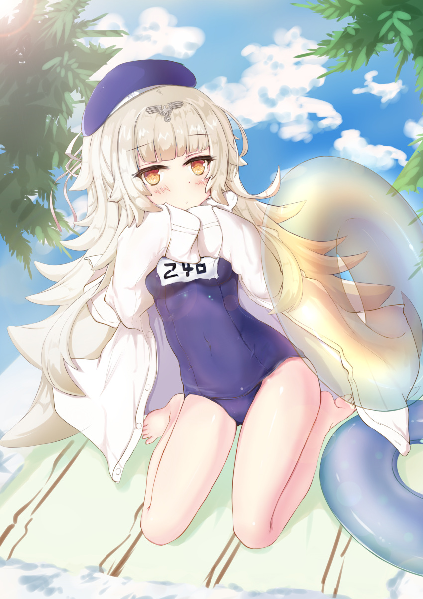 1girl absurdres beach bilan_hangxian blush breasts hat highres innertube jacket jacket_over_swimsuit long_hair looking_at_viewer school_swimsuit seiza sitting sky small_breasts swimsuit towel tree white_hair yellow_eyes z46_(bilan_hangxian)