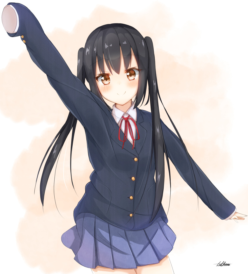 1girl arm_up bangs black_hair blush brown_eyes eyebrows_visible_through_hair highres k-on! long_hair looking_at_viewer nakano_azusa sashima school_uniform simple_background skirt smile solo twintails