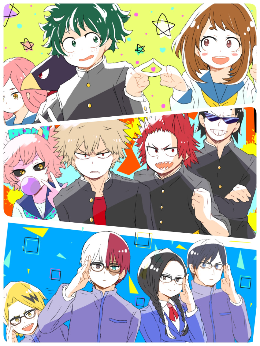 4girls 6+boys absurdres animal_head ashido_mina bakugou_katsuki blush_stickers boku_no_hero_academia chewing_gum glasses hatsume_mei highres iida_tenya kaminari_denki kirishima_eijirou looking_at_viewer midoriya_izuku multiple_boys multiple_girls school_uniform serafuku sero_hanta smile sunglasses uraraka_ochako yaoyorozu_momo