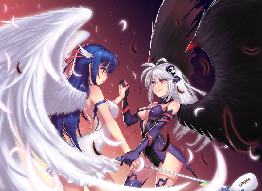 2girls arin bare_shoulders black_gloves black_legwear black_wings blue_eyes blue_hair breasts cleavage elbow_gloves feathers ghost gloves golf_club hair_ornament interlocked_fingers kamdia large_breasts long_hair medium_breasts multiple_girls open_mouth pangya red_eyes silver_hair skull_hair_ornament smile spika_(pangya) white_wings wings