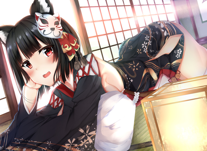 1girl :d absurdres animal_ears azur_lane bangs bare_shoulders bell black_hair black_kimono blush breasts cat_ears cat_mask detached_sleeves eyebrows eyebrows_visible_through_hair facing_away fang floor from_side hair_ribbon hand_on_own_head highres hiragi_ringo indoors japanese_clothes jingle_bell kimono long_sleeves looking_at_viewer lying mask mask_on_head medium_breasts no_bra on_stomach open_mouth red_eyes red_ribbon ribbon short_hair short_kimono sideboob smile solo straight_hair tassel tatami thigh-highs tongue white_legwear wide_sleeves yamashiro_(azur_lane)