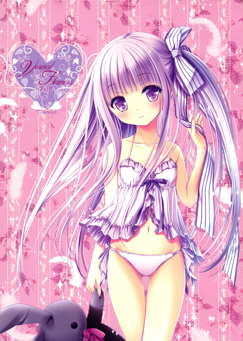 1girl absurdres blush breasts collarbone eyebrows_visible_through_hair floating_hair gotou_jun hair_ribbon head_tilt heart highres holding long_hair looking_at_viewer midriff navel panties pink_background pink_hair ribbon side_ponytail small_breasts smile solo staidng standing stomach striped striped_ribbon tenshi_no_3p! tinker_bell underwear very_long_hair violet_eyes white_panties white_ribbon