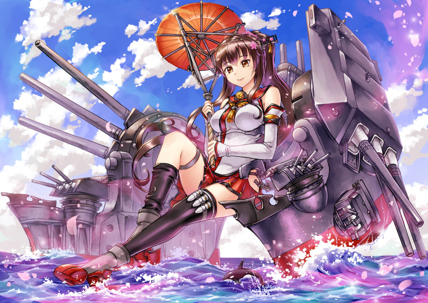 1girl black_legwear boots breasts brown_eyes brown_hair cannon cherry_blossoms crazypen detached_sleeves flower giantess hair_flower hair_ornament high_heel_boots high_heels hip_vent kantai_collection large_breasts long_hair machinery ocean orca oriental_umbrella ponytail signal_flag sitting skirt smile solo tassel turret umbrella very_long_hair water yamato_(kantai_collection)