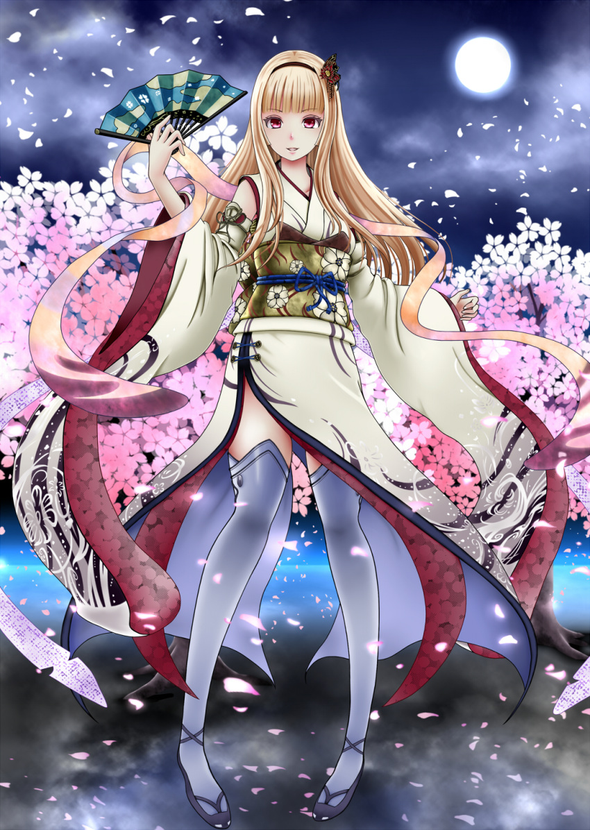1girl akai_katana bangs blonde_hair blunt_bangs cherry_blossoms clouds cloudy_sky commentary_request detached_sleeves fan folding_fan full_moon hair_ornament hairband highres holding japanese_clothes kimono looking_at_viewer moon night night_sky obi parted_lips petals red_eyes revision roshiakouji-chan sash shuumeigiku sky smile solo thigh-highs white_legwear zettai_ryouiki
