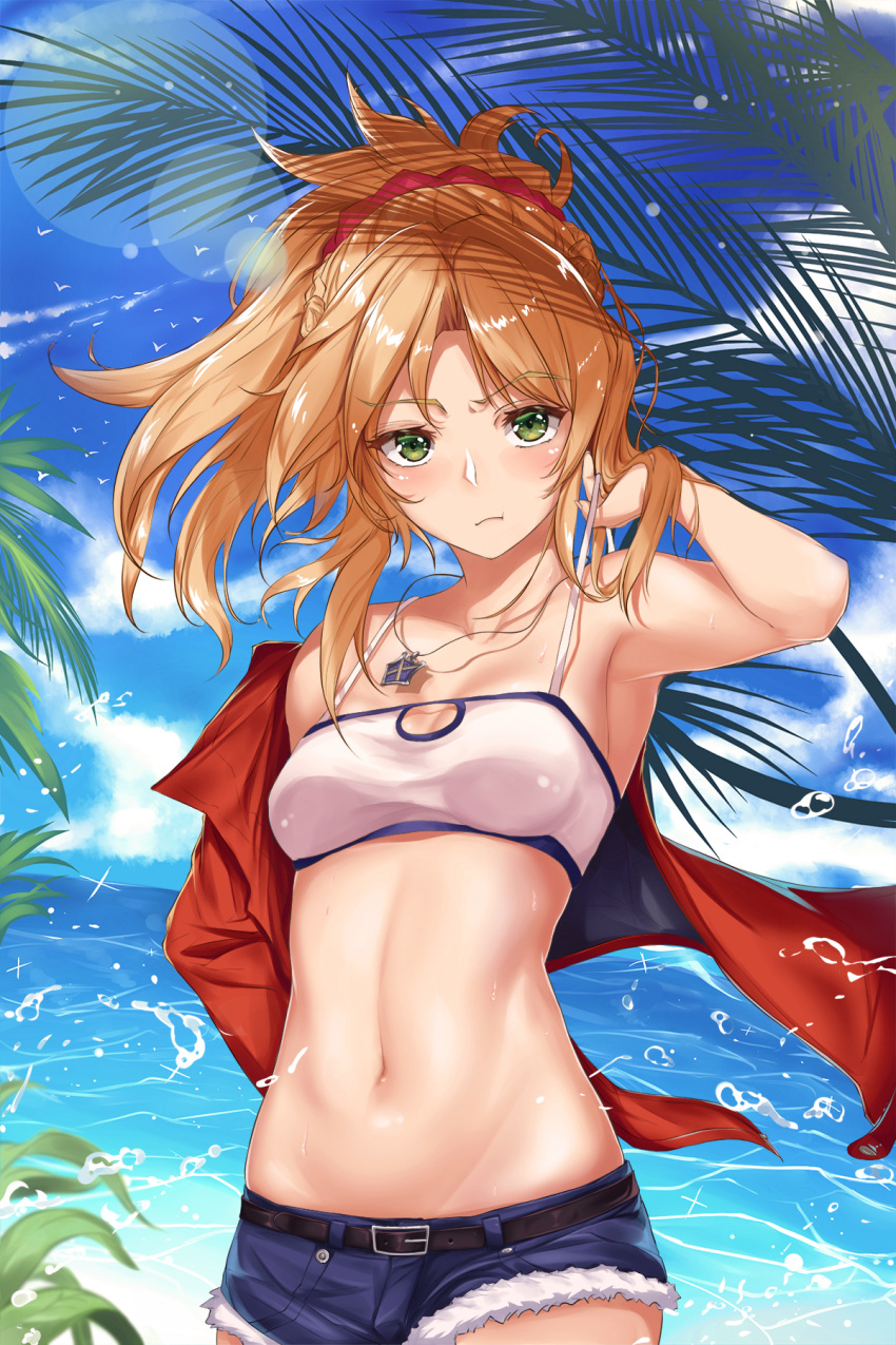 1girl armpits beach belt bird blonde_hair blue_sky blush closed_mouth clouds day eyebrows_visible_through_hair fate/apocrypha fate_(series) green_eyes highres jacket jewelry konata_(knt_banri) long_hair looking_at_viewer midriff navel necklace ocean pendant revision saber_of_red short_shorts shorts sky solo strap_pull