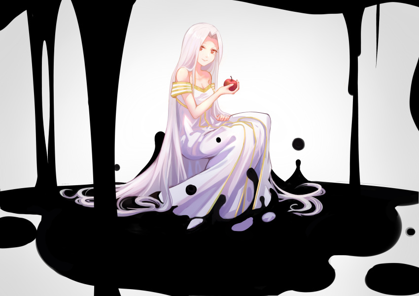1girl absurdres apple bare_arms bare_shoulders breasts cleavage closed_mouth commentary_request dress fate/zero fate_(series) food fruit highres holding holding_fruit holy_grail irisviel_von_einzbern large_breasts lavender_hair long_dress long_hair looking_at_viewer off_shoulder red_eyes sitting smile solo very_long_hair